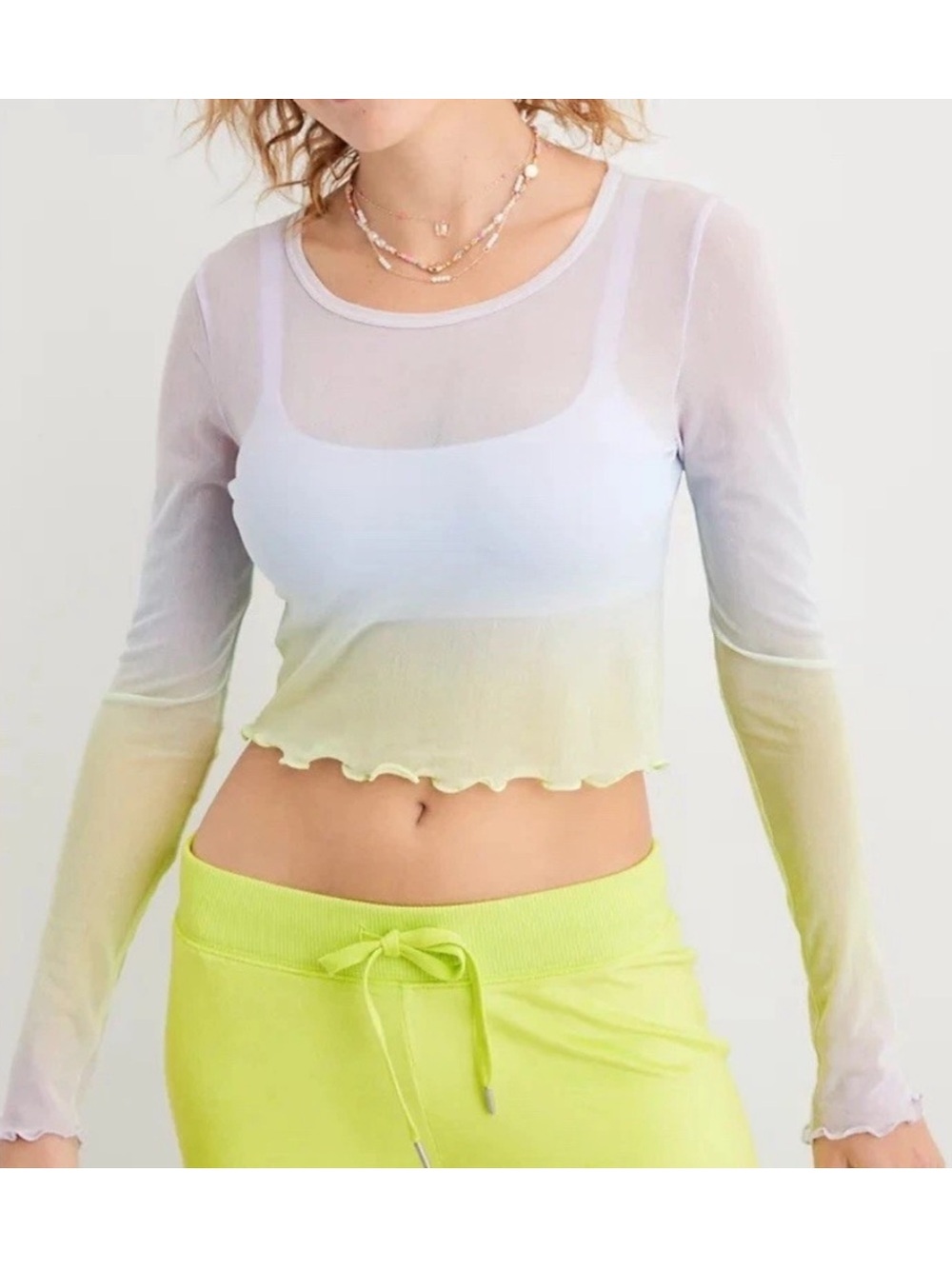 NWT aerie Sheer Mesh Long Sleeve Crop Top pastel ombre Lettuce ruffle tee NEW